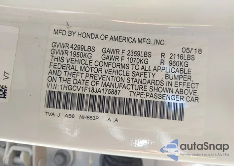 2018 Honda Accord Lx z USA, uszkodzony, nr VIN 1HGCV1F18JA175887